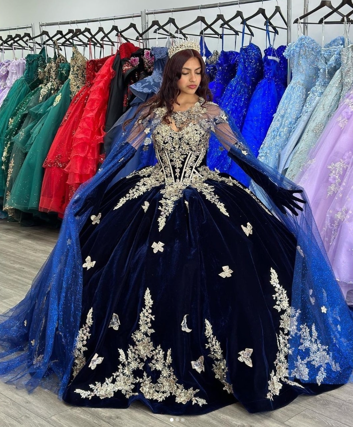 Navy Blue Quinceanera Dresses with Cape Butterlies Corset Sweet 15 16 Ball  Gown | eBay