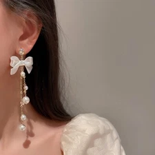 Elegant Bow White Pearl Dangle Drop Earrings for Women,Pearl Earrings