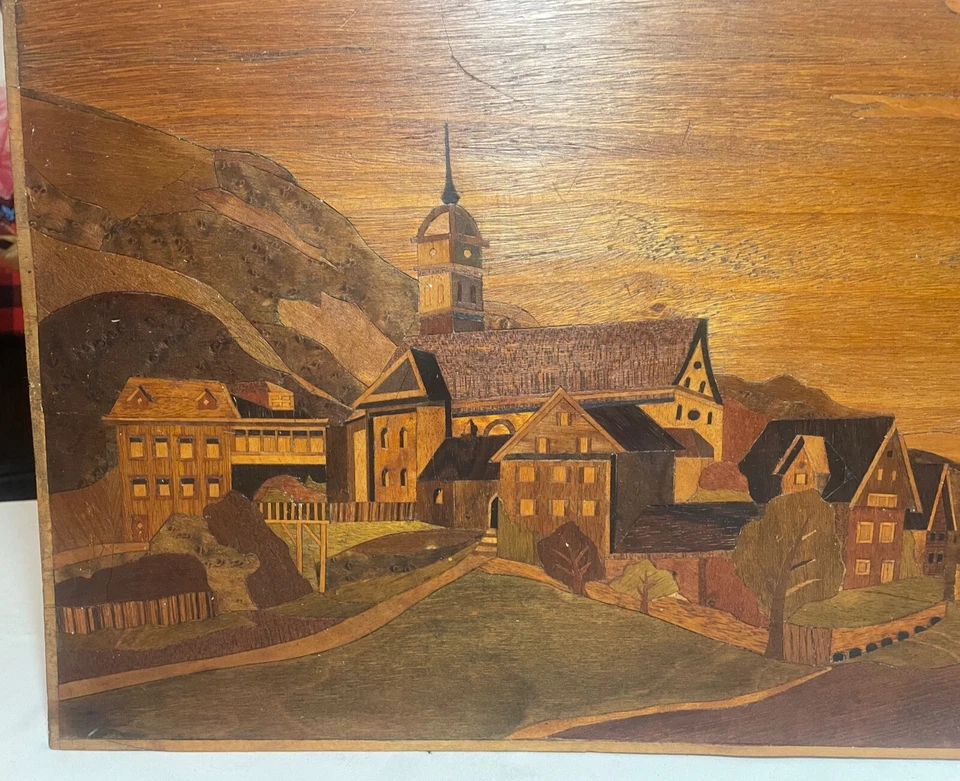 antique handmade carved marquetry wood church town landscape wall art veneer - Image 4 of 4