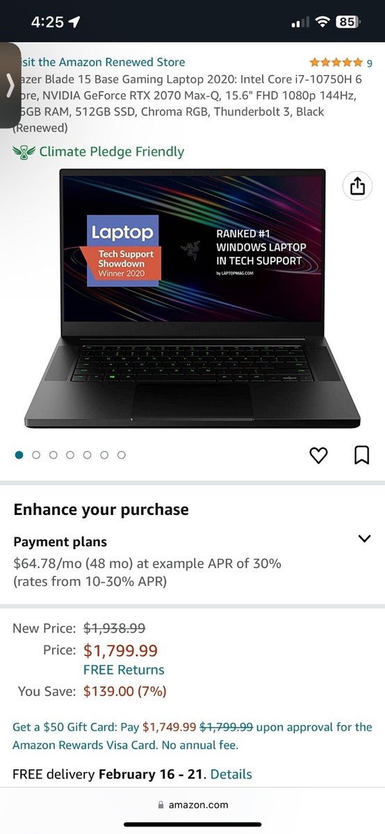 Razer Blade 15 Base (2020) FHD 144hz I7 RTX 2070 512 GB Black