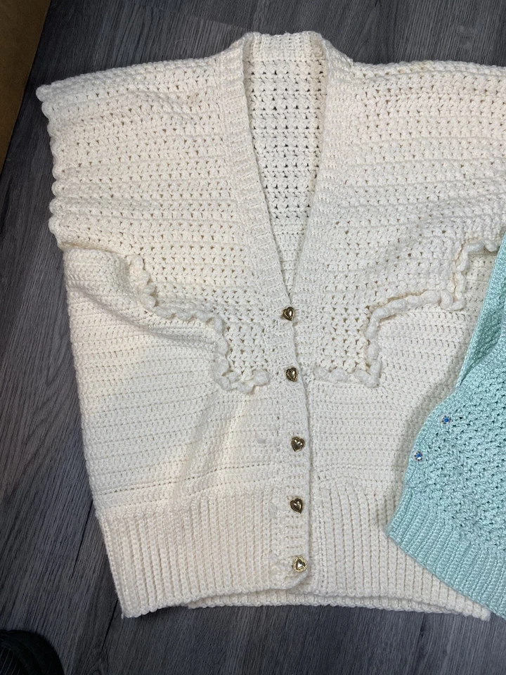Vintage Knit Vests Handmade Lot Of 2 Blue And White Button Vest 80s 90s - Image 2 of 4