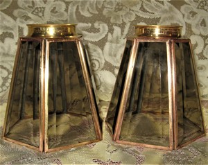 VINTAGE BRASS & SMOKE BEVELED GLASS LAMP SHADES SCOUNCE GLOBES CEILING
