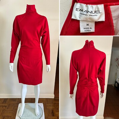 EMANUEL UNGARO Red Ruched Turtleneck Long Sleeve Dress Bodycon Holiday VTG