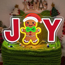 JOY Gingerbread Man Neon Sign Cute Cookie Neon with Santa Hat for Holiday Dec...