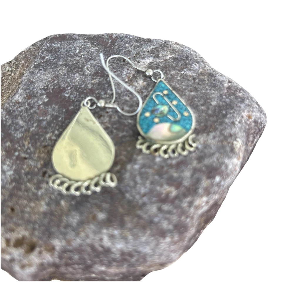 纯银绿松石镶嵌珍珠母银河金色耳环 — 第 3/4 张图片