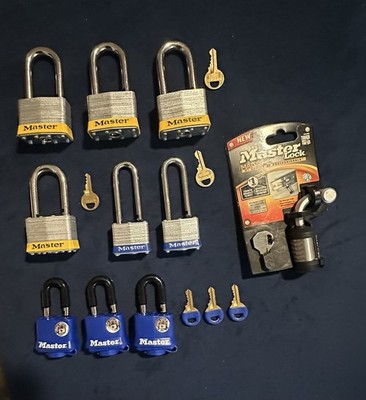 Lot of 10  MASTER LOCK Padlocks w/Keys - Assorted Sizes & Shackle Lengths