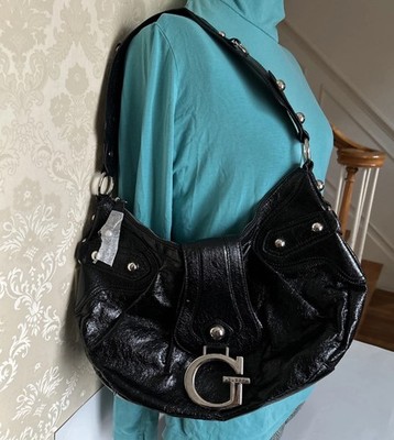 Vtg Guess Black Faux Leather Shoulder Bag With Iconic Guess Tag Read Description