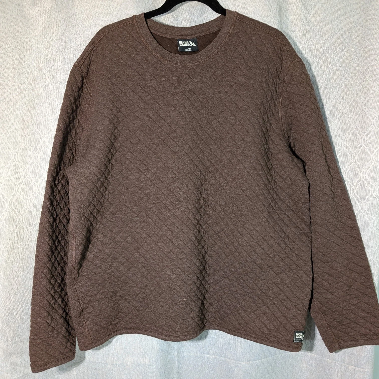 Eddie Bauer Mens Quilted Thermal Crewneck Sweatshirt TXL Brown Cotton