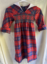 Vintage Polly Flinders Hand Smocked Dress - Size 7 - 3/4 Sleeve - Red Blue Plaid