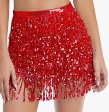 Women's Sequin Tassel Skirts Rave Fringe Hip Scarf Red