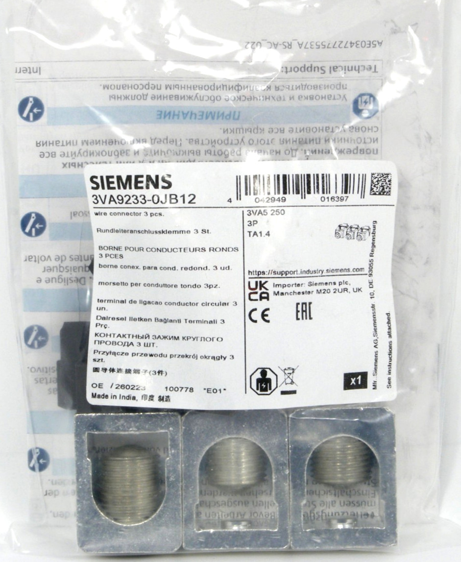 NEW SIEMENS 3VA9233-0JB12 Breaker Lug Kit, Wire Connector TA1.4, 3VA52 3P 250A