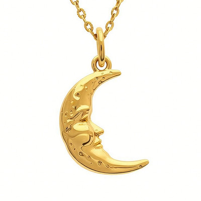 Solid Moon Pendant Necklace 14K Gold 3D Crescent Man Half Moon Charm Astrology