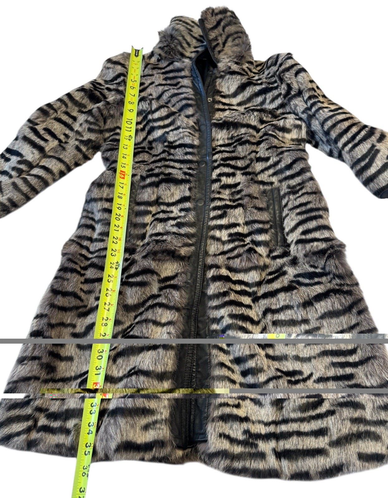 Vintage Bebe Dyed Rabbit Fur Coat Medium Tiger Stripe Print Leather Trim Belted