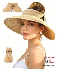 Beach Straw Sun Hat for Women, Wide Brim UV Protection Visors Khaki - Initial A