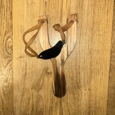 Slingshot wooden handle rubber sling black pad handle 7 1/2 inches top 3  Wide