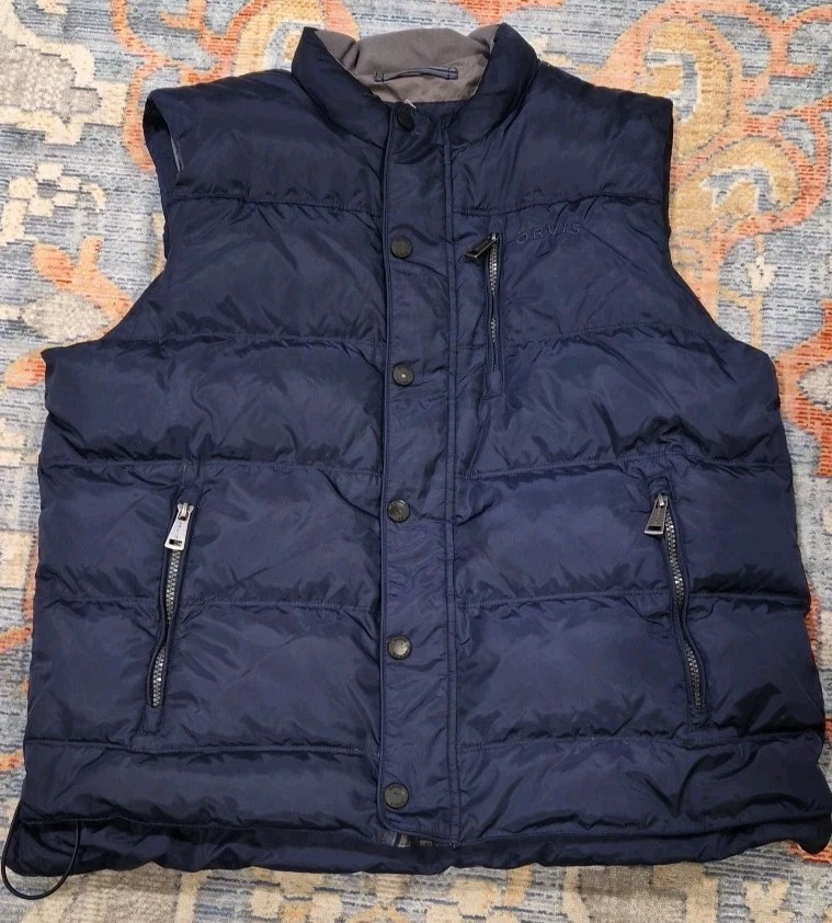 Orvis Vest Mens Blue Goose Down Puffer Snap Front Quilted Pockets Outdoors Sz Lg