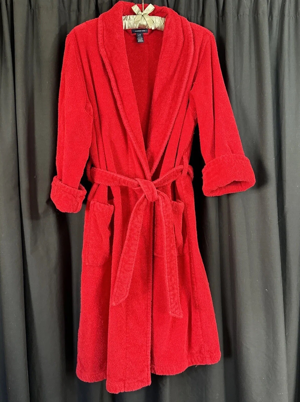 Lands End Cotton Terry Robe Red Size L 1416 Turkish Robe Full Length