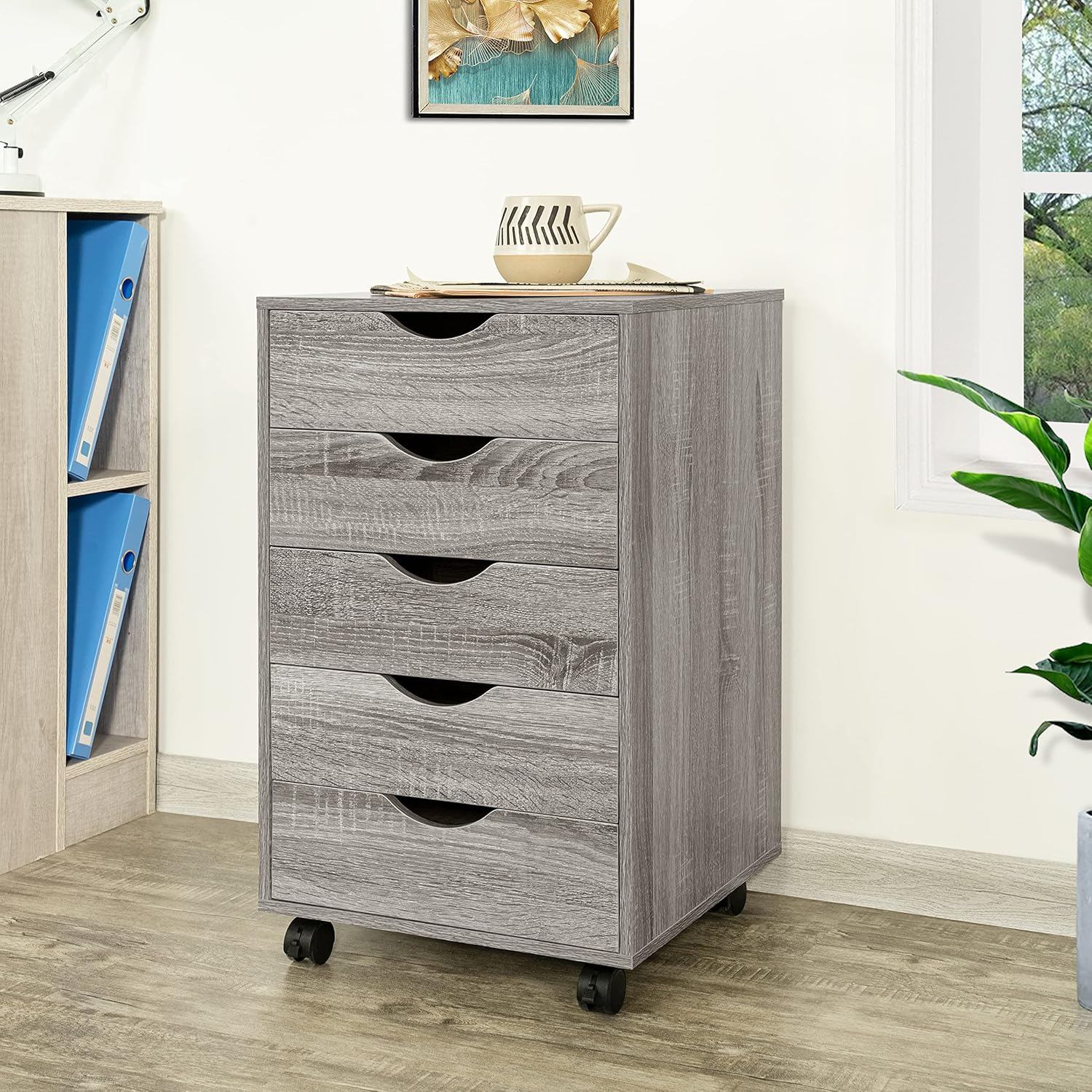 5-Drawer Tall Dresser with Wheels and Storage Shelves for Bedroom
