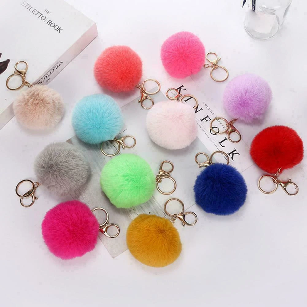 Faux Rabbit Fur Ball PomPom Charm Key Chain Gold Plated Keychain Car Key  Ring