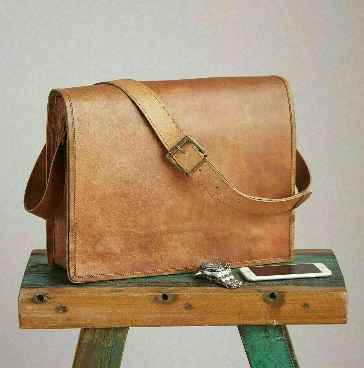 Vintage Handmade Real Leather Messenger Laptop Briefcase Sling Portfolio Bag