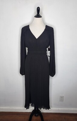 CURRENT AIR Los Angeles Midi Dress Women's Small Black Pleated V-neck NWT