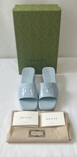 NEW GUCCI Logo Women's 37 Block Heel 7 Platform Sandals Light Blue Rubber Slide