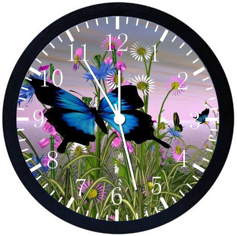 Beautiful Flowers Butterfly Black Frame Wall Clock Nice For Decor or Gifts Y98