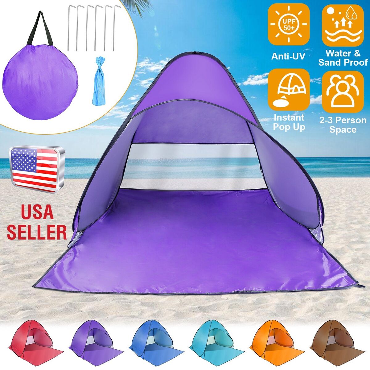 Pop Up Beach Tent Sun Shade Shelter Anti-UV Automatic Waterproof Tent  Canopy for 2/3 Man w/ Net Window Storage Bag