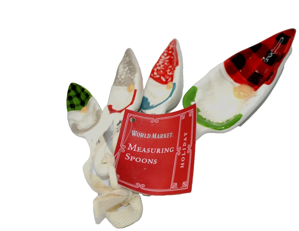 Gnome Measuring Cups & Spoons Christmas Ceramic World Market Set Holiday Elves - Image 2 of 3