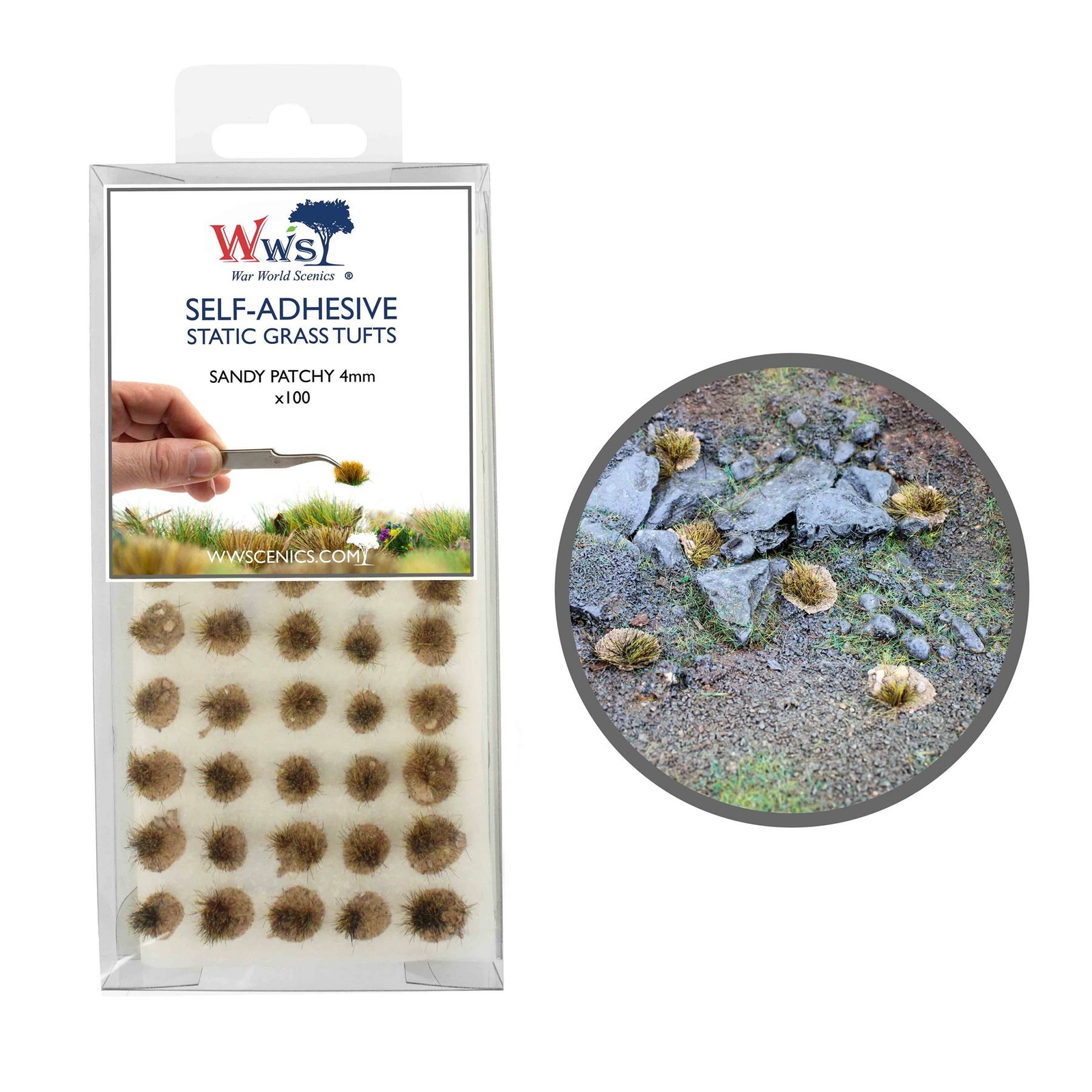 Static Grass Tufts x 100 – Sandy Patchy, 4mm – Model Railway Wargame Scenery