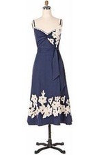 Rare! 0 Anthropologie White Flower Applique Navy "Rice Paper Garden Dress"
