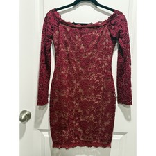 Windsor Burgundy Lace Bodycon Dress Off The Shoulder Long Sleeve Mini M Cocktail