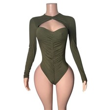 Olive Green Long Sleeve Cutout Ruched Bodysuit