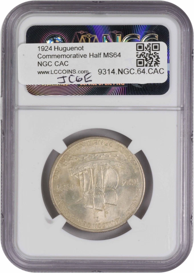 Huguenot Commemorative Silver Half Dollar 1924 MS64 NGC (CAC) - Image 2 of 2
