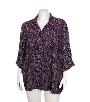Catherines Women s Blouse 3X Petite Purple Pink Paisley Button Front Lightweight