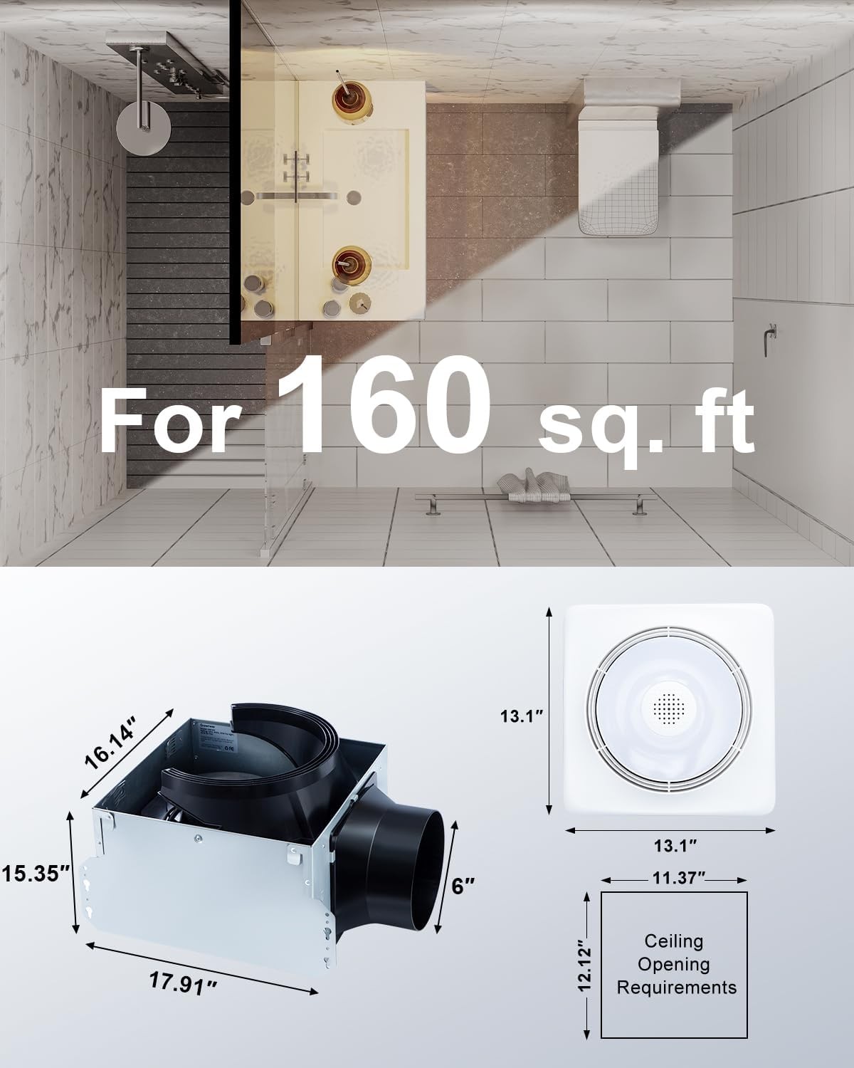 GROWNEER Bathroom Fan with Bluetooth 160 CFM Sperker, White 