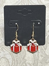 Christmas Red White Presents Gold Enamel Drop Dangle Adorable Earring Set