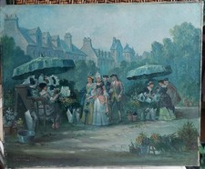 TABLEAU HUILE SUR TOILE MARCHE AUX FLEURS ELEGANTES CHANTRELLE 1900