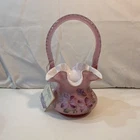 Fenton Hand Painted Art Glass Decorative Basket Pink White Floral Round USA