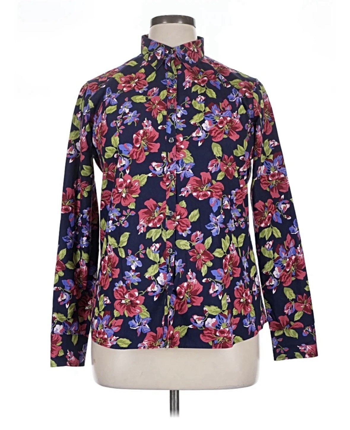 Lands End 16 Navy Blue Red Floral No Iron Long Sleeve Button Shirt Top Cotton