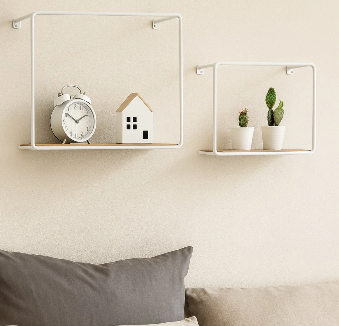 2PK -Modern Wall Shelves, White Metal & Wood, Floating Shelves for Plants, Decor