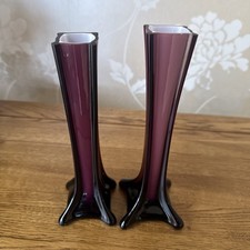 2 x Murano? Sommerso Cased Glass Purple Violet Bud Vase White Lined Italian 20cm