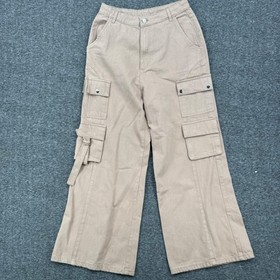 NUON Womens Tan Khaki Wide Leg Cargo Pants High Waisted Cotton Utility Size 28