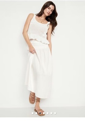NWT Old Navy Boho Ivory Tiered Smocked Cotton Maxi Skirt XL 16 18 Crinkle  Gauze | eBay