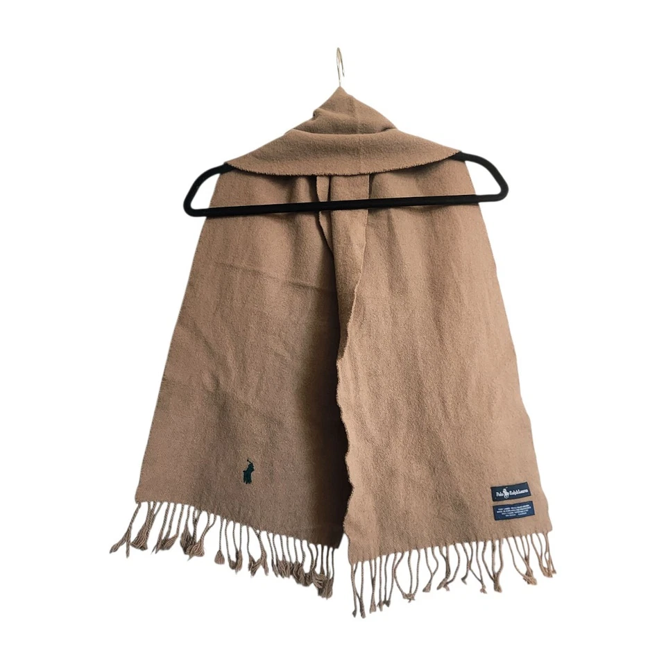 De Colección Polo Ralph Lauren 100% Lana de Cordero Bufanda Bronceado Camel Flecos Hecho en Escocia  Foto 2 de 4