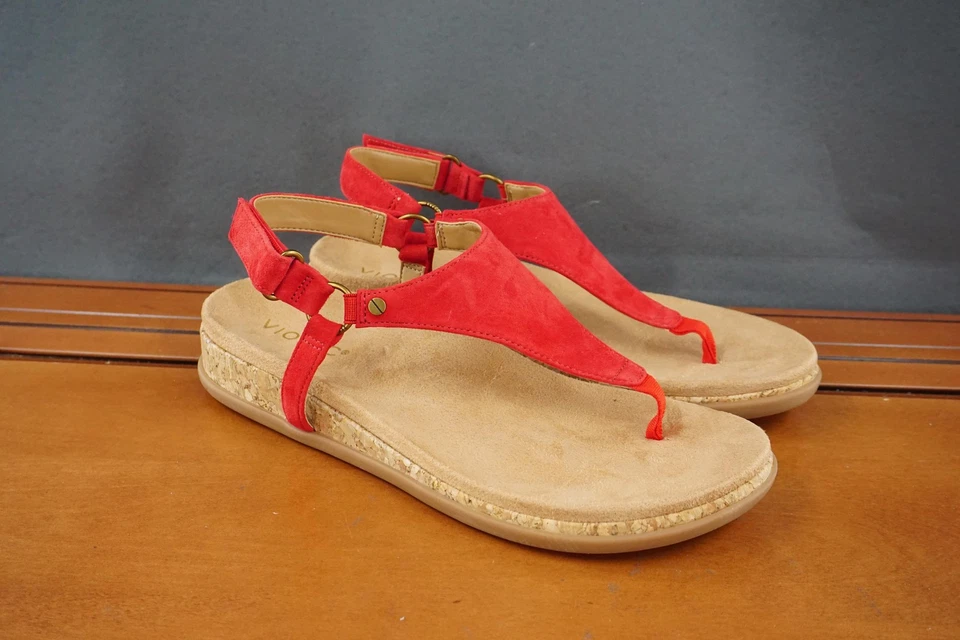 Vionic Kirra II Sandals Womens 8 Red Suede Thong Slingback Cork Wedge Comfort - Image 3 of 4