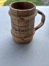 Vintage Budweiser Wood Mug with Plastic Cup Liner & Rope Handle Copper Bands