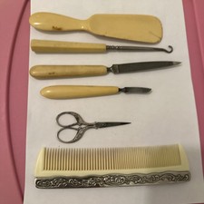 Vintage Vanity Grooming Set Plastic Celluloid Manicure Items Silver Ornate