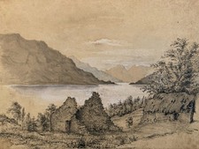 Very beautiful drawing 19th century 1850 ink to identify landscape lake old old old tree