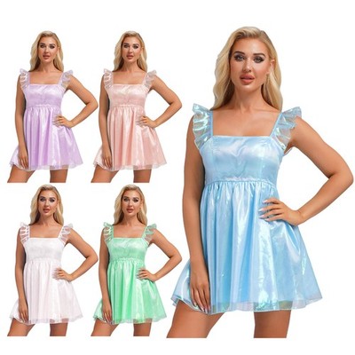Damen Glitzer Dessous Kleid Tüllrock Ärmellose Tütü Kleid Rückenfrei Nachtkleid